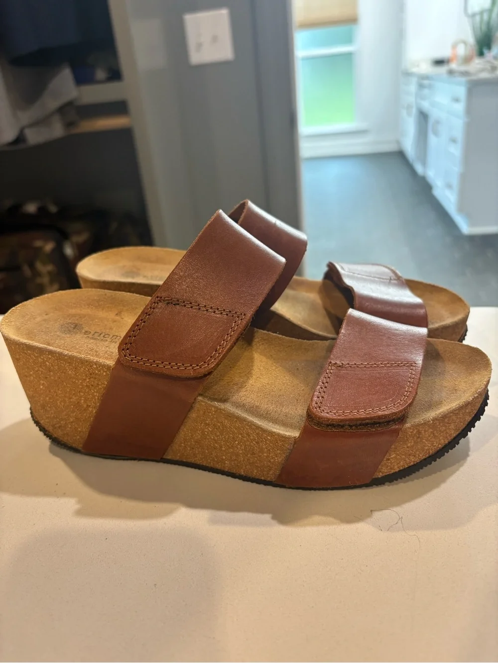 Eric Michael Tan Leather Double-Strap Slide Sandals for Women